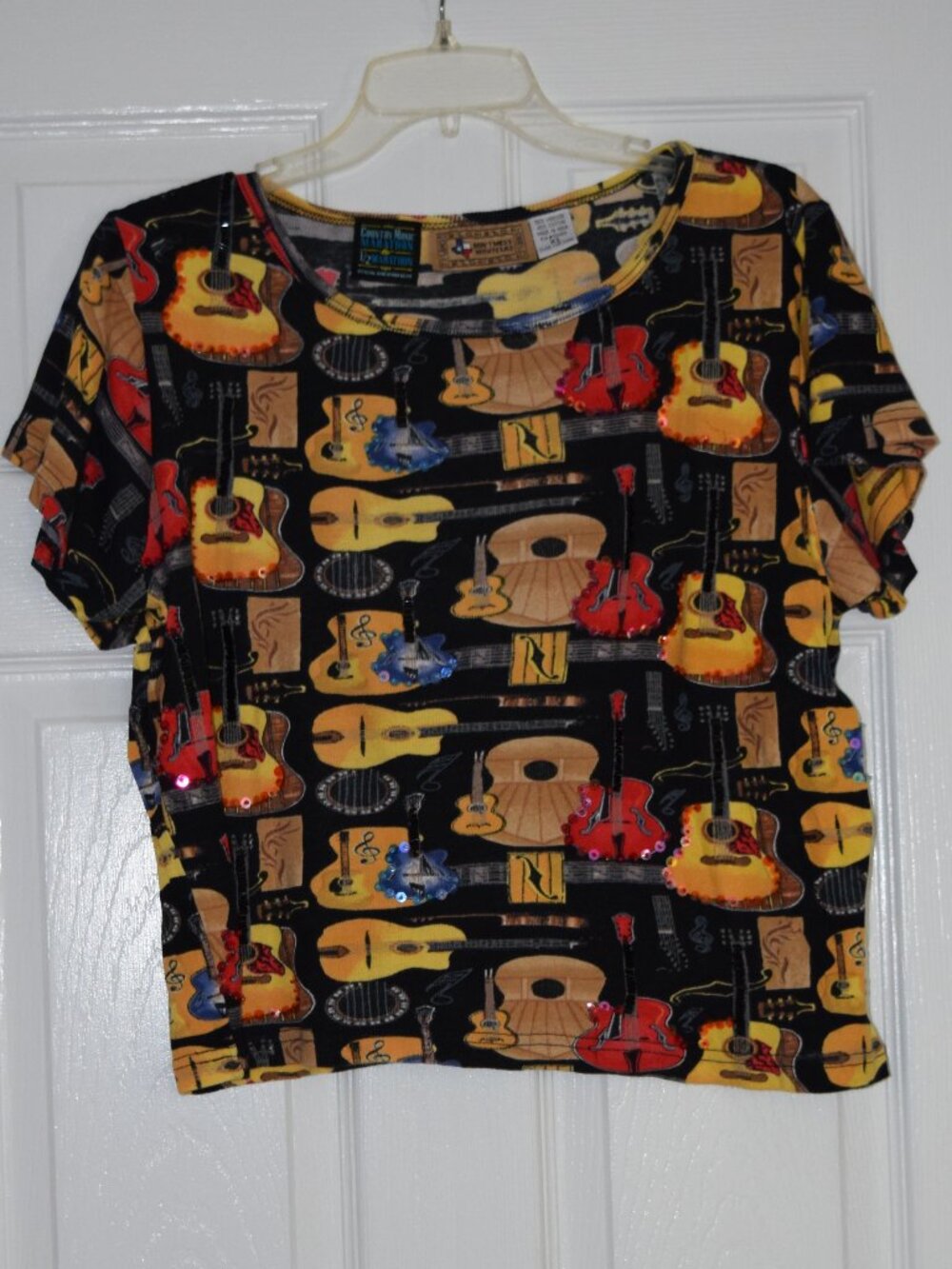 Vintage Country Music Marathon Novelty Top, Guitar Pattern Beads, Sequins XL